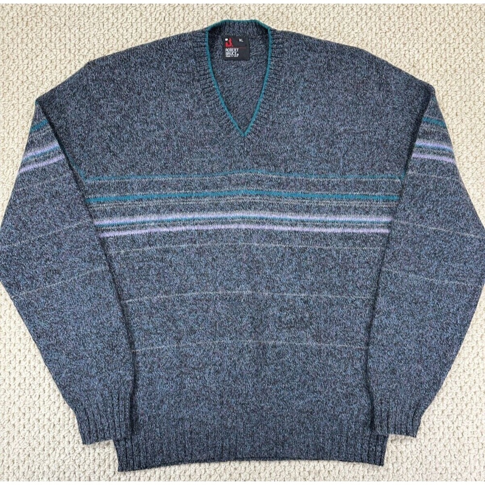 Robert Bruce Sweater Mens XL Multi Color Wool Blend V-Neck Vintage Fit Made USA